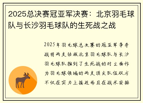 2025总决赛冠亚军决赛：北京羽毛球队与长沙羽毛球队的生死战之战