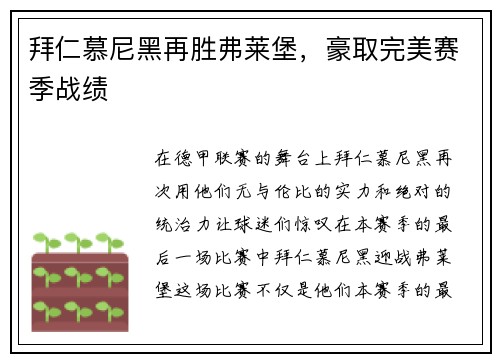 拜仁慕尼黑再胜弗莱堡，豪取完美赛季战绩