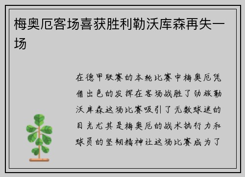 梅奥厄客场喜获胜利勒沃库森再失一场