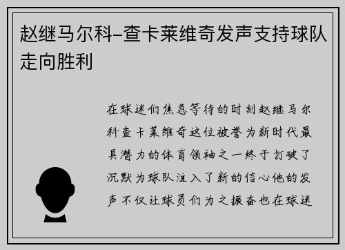 赵继马尔科-查卡莱维奇发声支持球队走向胜利